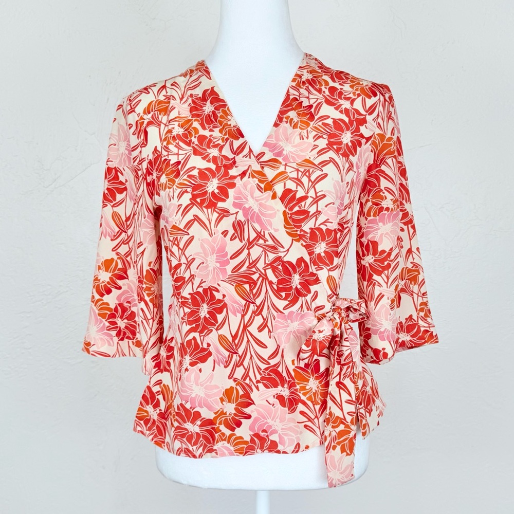 Anthropologie Fei Silk Kimono Style Wrap Blouse Cream Orange Pink Floral Print 2